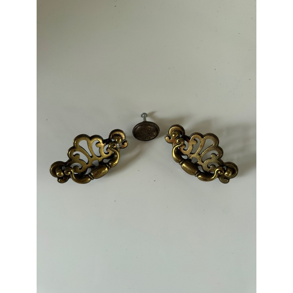 Vintage Brass Drawer Pulls and Knob Set Ornate Batwing Bail Handles 3 Piece Set